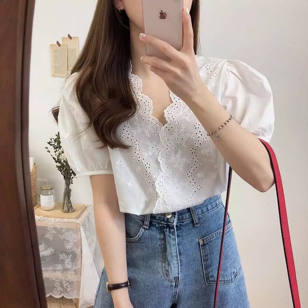 Floral embroidery lace white puff sleeve T-shirt top short sleeve womens